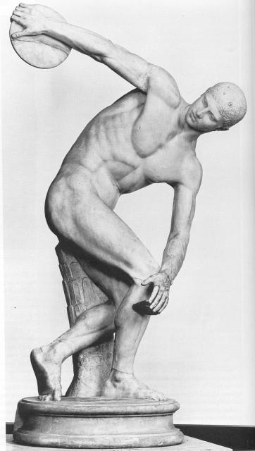 Discobolus, by Myron (Roman marble copy of bronze original), c.460 -450 BC. 5 ft.