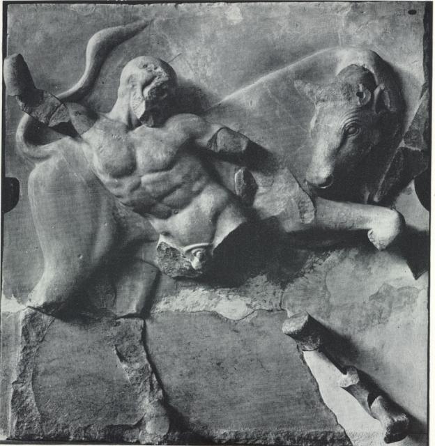 Herakles and the Cretan Bull, c. 460, metope from west end of naos of Temple of Zeus, Olympia, c. 5 ft. 3 in. square