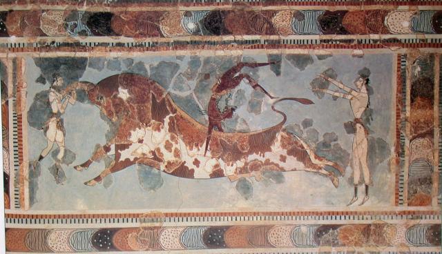 Bull leaping fresco, reconstruction from Knossos, 1500 BC, 32 in high.