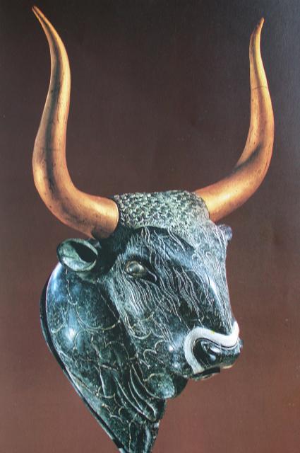 Bull's head rhyton from Knossos, c1550-1450 BC, steatite with shell, rock crystal, red jasper, H.12 in.