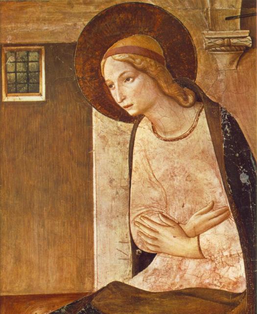 Fra Angelico: Annunciation (detail of Mary), 1450, from corridor in Convent of San Marco