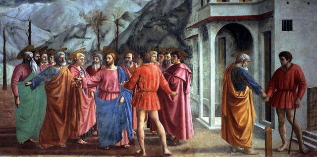 Masaccio: Tribute Money, c.1427, fresco from Brancacci Chapel, Florence