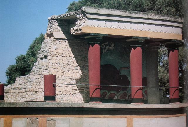 Palace of Minos, restored west portico of north entrance with fresco of charging bull.