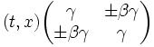 ( t, x ) \begin{pmatrix} \gamma & \pm \beta \gamma \\ \pm \beta \gamma & \gamma \end{pmatrix}