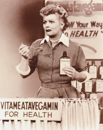 (11)"Lucy Does a TV Commercial". Lucy is hired to act as the "Vitameatavegamin girl" in a TV commercial, to promote a health tonic that contains healthy amounts of vitamins, meat, vegetables, minerals — and a less-than-healthy dose of 23% alcohol. Lucy becomes progressively more drunk, but gamely keeps on pitching the product. In November 2001, fans voted this episode as their favorite, during a 50th anniversary I Love Lucy television special. (4w)"Episode 30 filmed on Friday, March 28, 1952" (Andrews, 249)